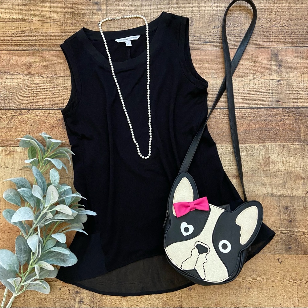 Black Sleeveless Tank Blouse, Sheer Hemline in Back